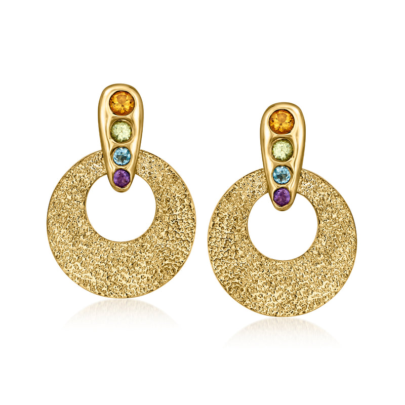 Gold-tone open disc drop earrings with multicolor gemstones in bezel settings
