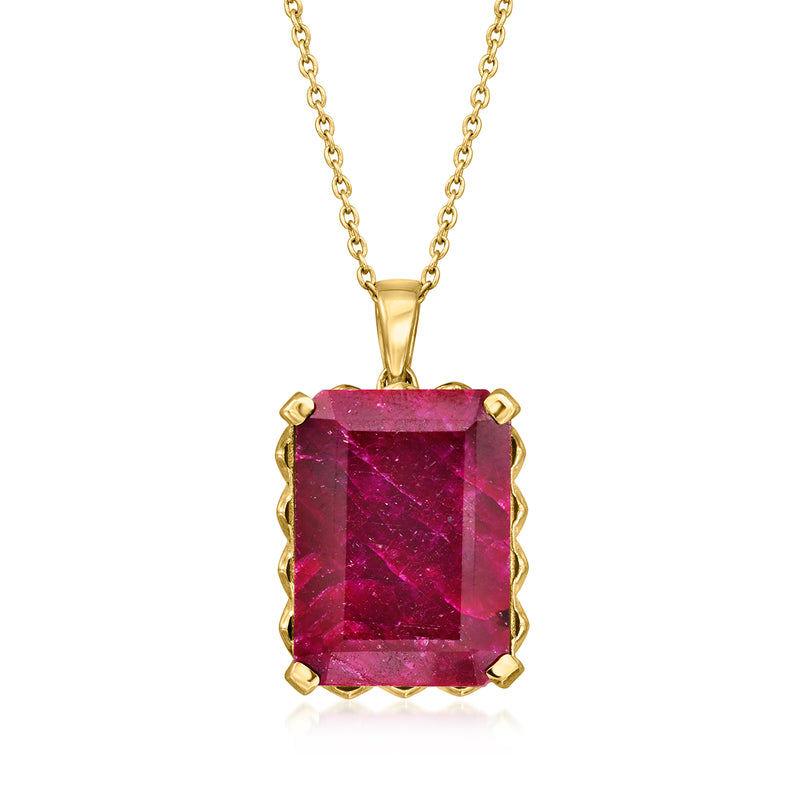 Ruby pendant necklace with rectangular fuchsia stone and gold prong setting on chain