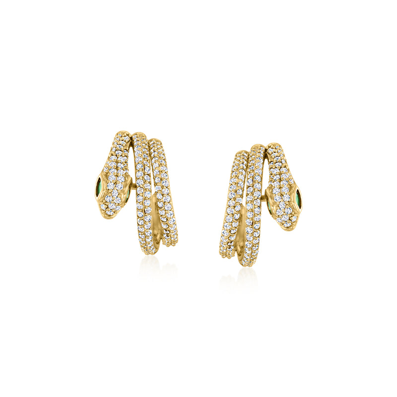 18kt gold over sterling CZ pave snake hoop earrings, oval hoops with clear stones