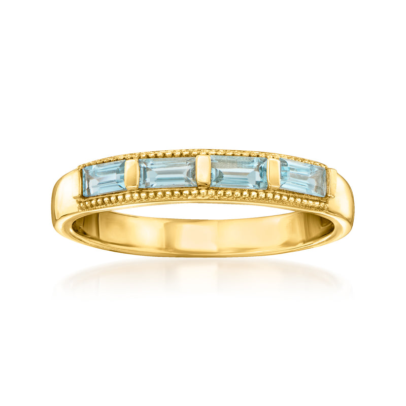 18kt gold over sterling topaz ring with sky-blue rectangular stones on beveled band