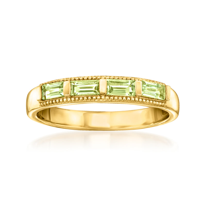18kt gold over sterling peridot ring with green square stones, bezel-set