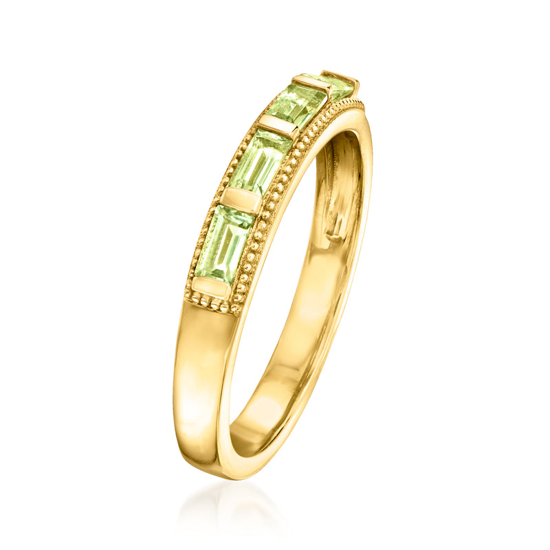 18kt gold over sterling peridot ring, side view with square green bezel-set stones