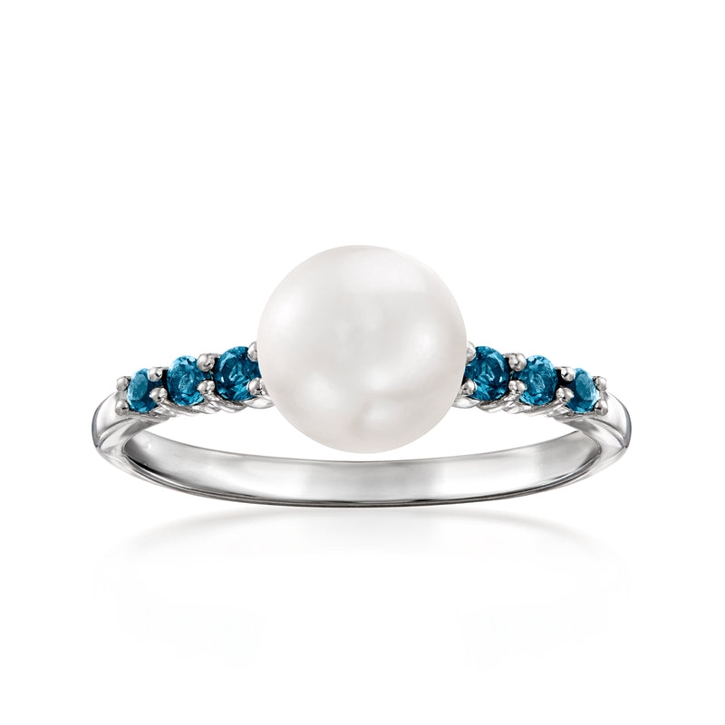 Sterling silver ring with white cultured pearl and London blue topaz accents