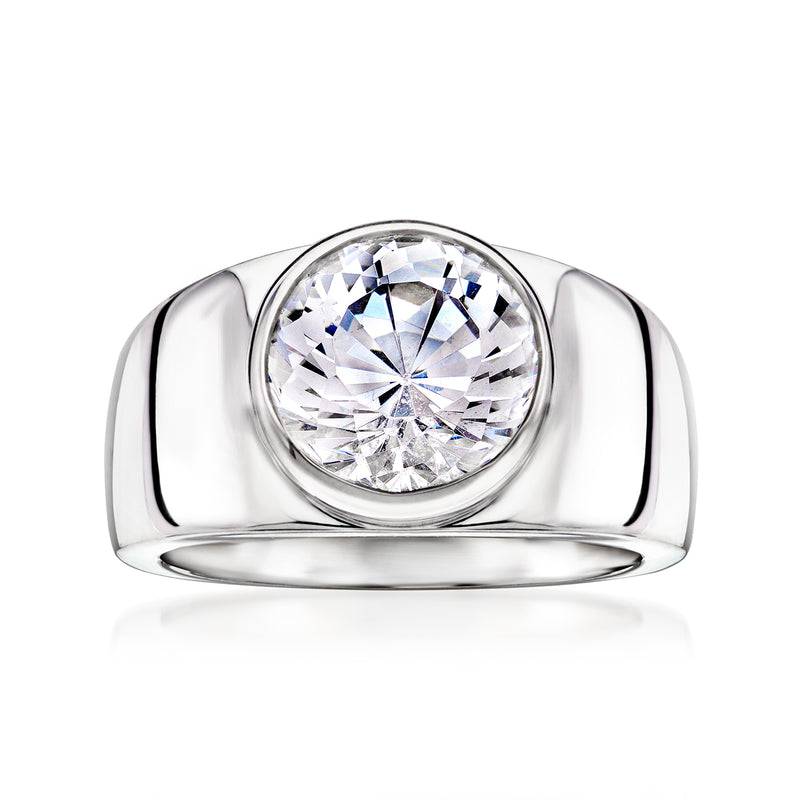 Sterling silver bezel-set CZ ring with round clear stone, wide band