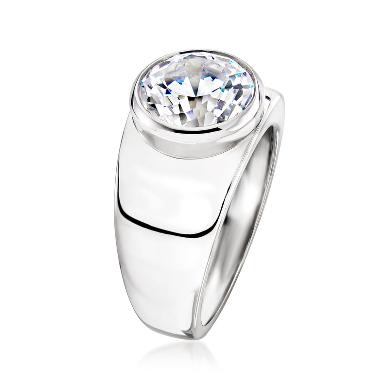 Sterling silver bezel-set CZ ring angled view, round clear center stone