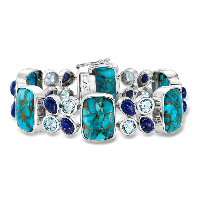 Sterling silver bracelet with turquoise rectangles, blue lapis, and light blue gemstone accents