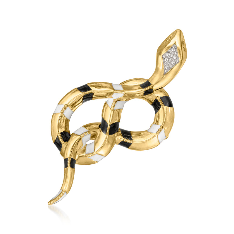 Gold over sterling snake pin with black and white enamel, clear stone accents