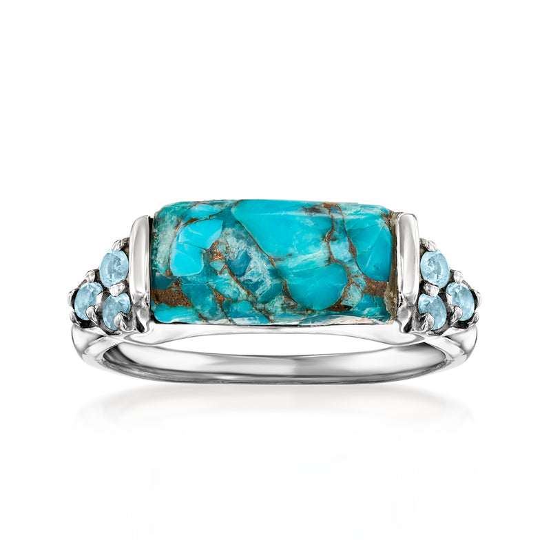 Turquoise rectangular gemstone ring with blue round stones, sterling silver band