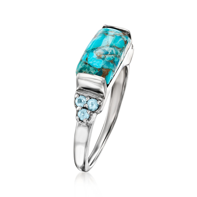 Turquoise rectangular gemstone ring with blue cluster accents, sterling silver