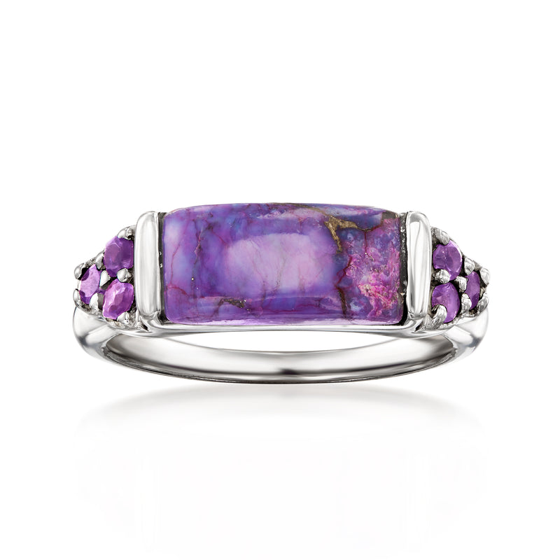 Sterling silver amethyst ring with rectangular purple stone and small purple side gems