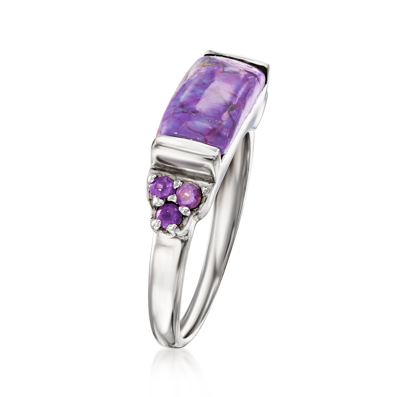 Sterling silver amethyst ring with angled rectangular purple center and clustered purple stones