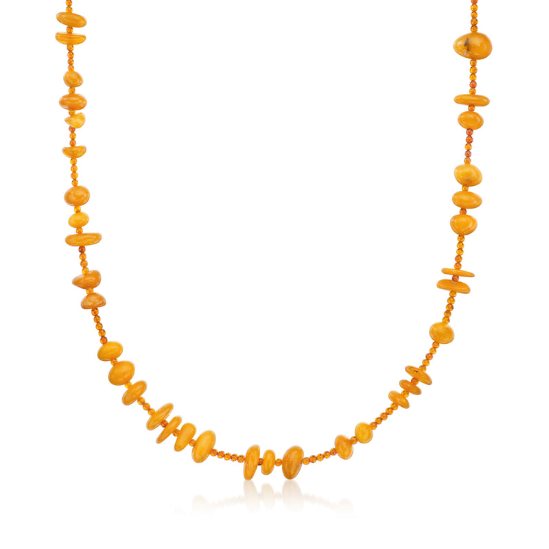 Amber bead necklace with 18kt yellow gold accent beads, round bead strand design