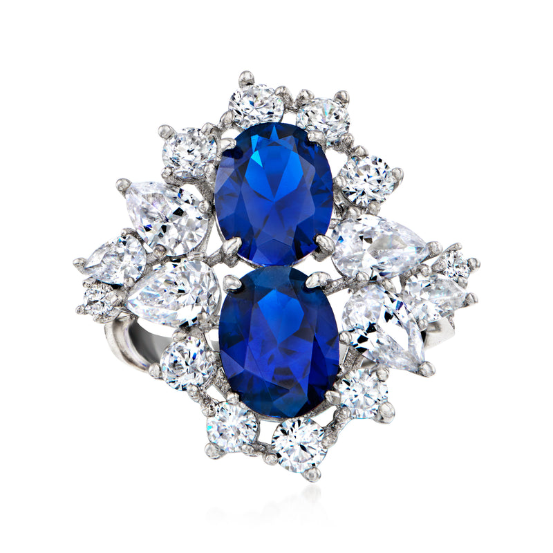 Sterling silver ring with two blue oval stones and sparkling clear cubic zirconia