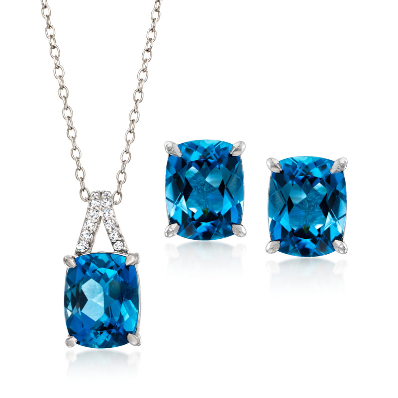 Sterling silver jewelry set with blue topaz pendant and matching stud earrings, white accents