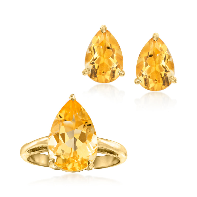 Citrine jewelry set with pear-cut earrings and matching pear-cut ring in gold tone