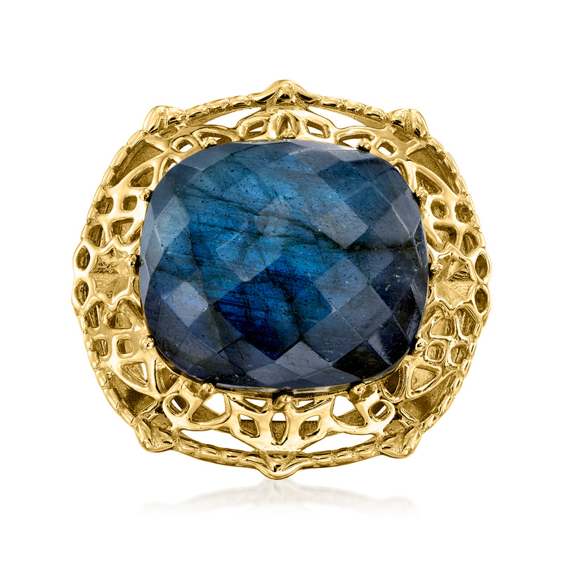 18kt gold over sterling labradorite ring with oval blue gemstone and ornate filigree bezel