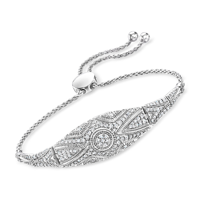 Sterling silver vintage-style diamond bolo bracelet with oval filigree centerpiece