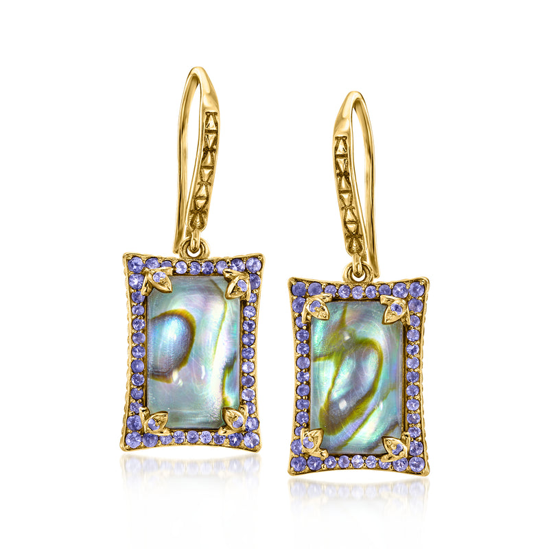 Gold-tone drop earrings, square abalone shell with blue gem border, earwire
