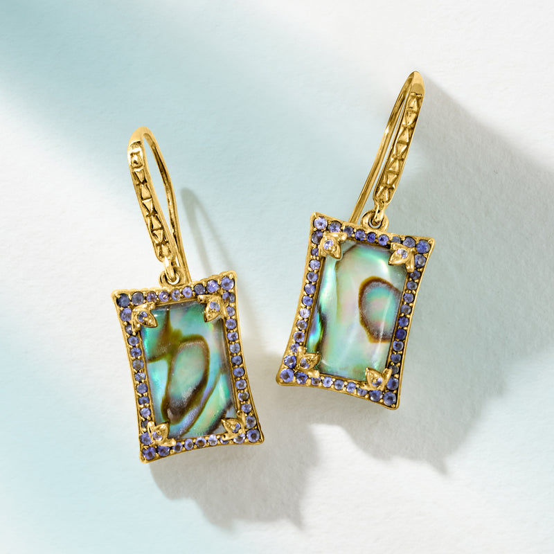 Gold-tone drop earrings, square abalone shell plaques with blue crystal halo, earwire