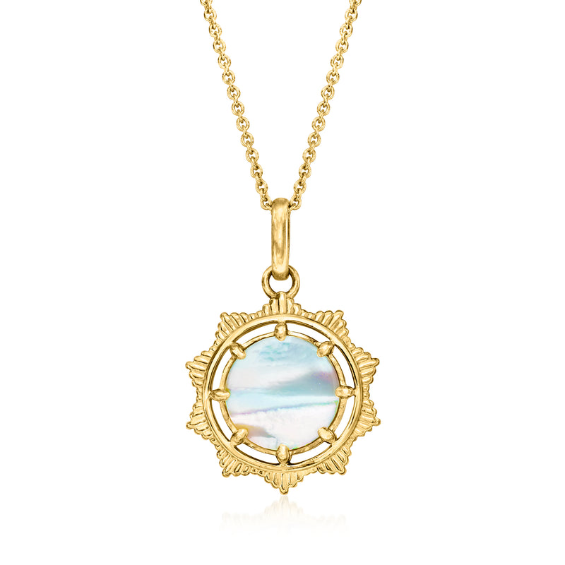 Gold-tone reversible pendant necklace with round mother-of-pearl disc and ornate filigree frame
