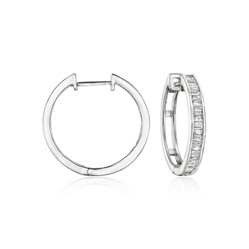 Sterling silver baguette diamond hoop earrings, hinged, round profile