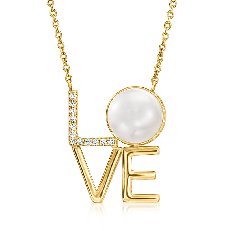 Gold pendant necklace with round cultured pearl center and diamond-set LOVE letters