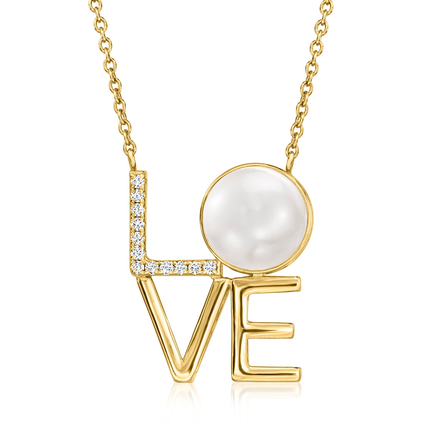 11-11.5mm Cultured Pearl and .18 ct. t.w. Diamond "Love" Necklace in 18kt Gold Over Sterling