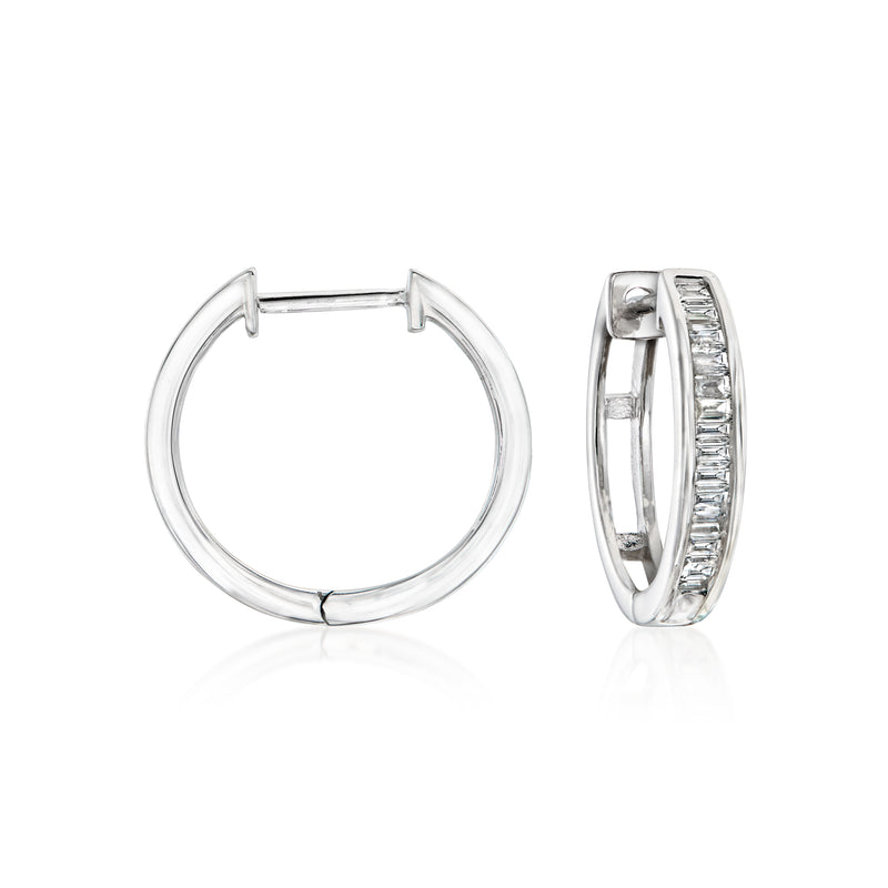 Sterling silver baguette diamond hoop earrings, hinged with baguette stones