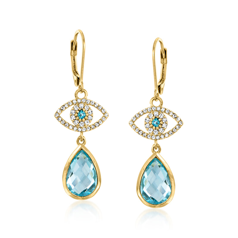 18k gold over sterling drop earrings with blue pear gemstone, evil-eye zircon halo