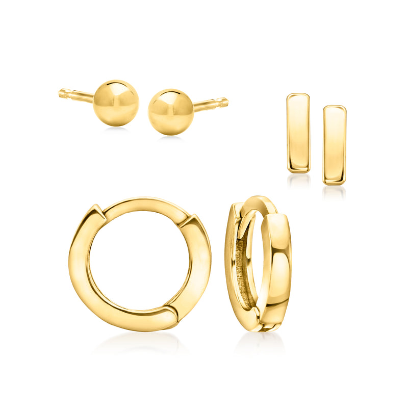 Gold vermeil earring set with ball studs, bar huggie hoops, and small hoop pair