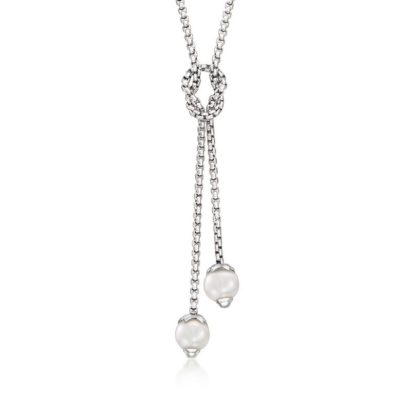 Cultured pearl Y-necklace with two white pearls and stainless steel chain
