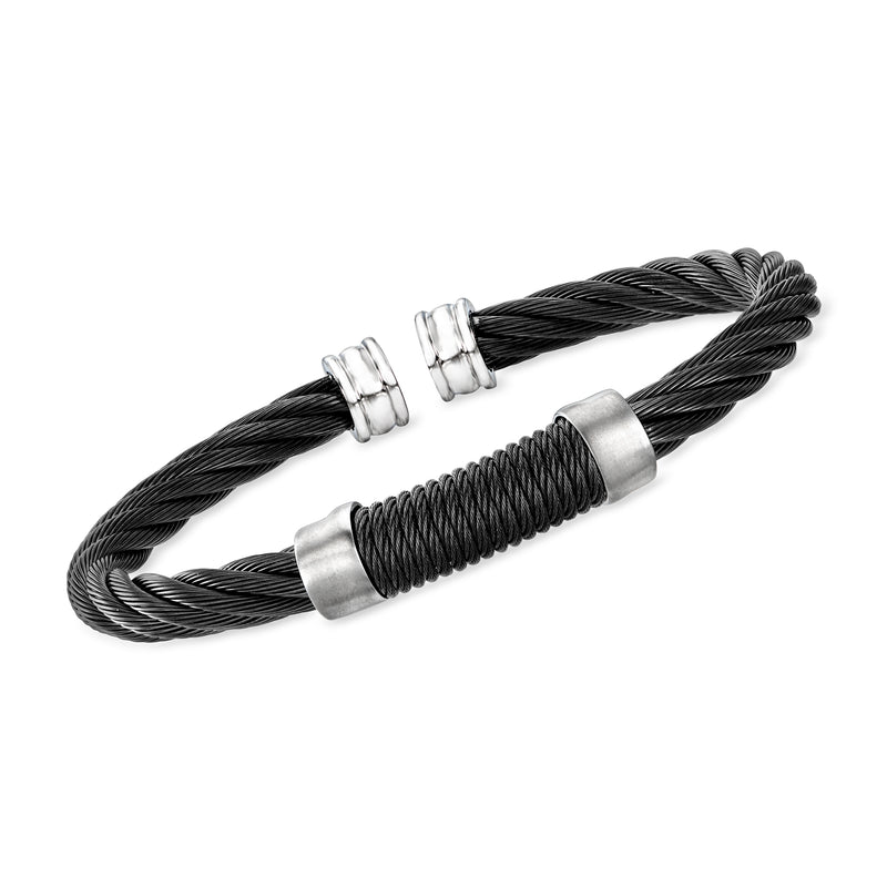 ALOR twisted stainless steel cuff bracelet with black cable and gray textured center