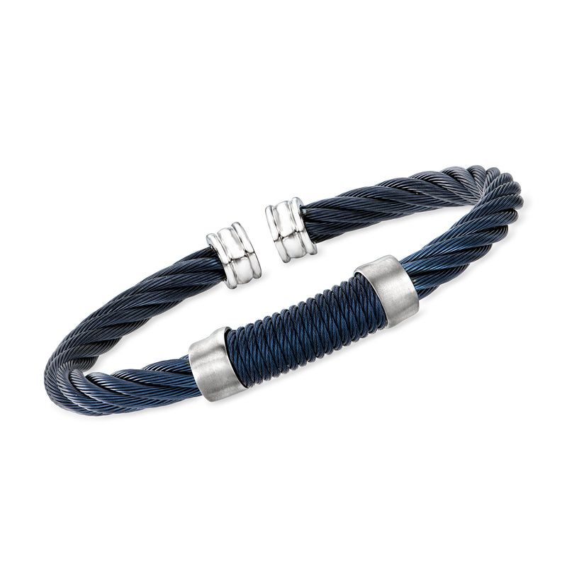 ALOR twisted stainless steel cuff bracelet with blue and gray rope design