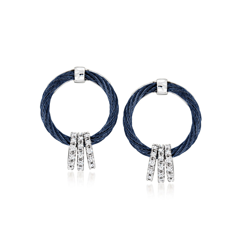 Dark blue cable circle post earrings with white metal diamond-like drop cluster