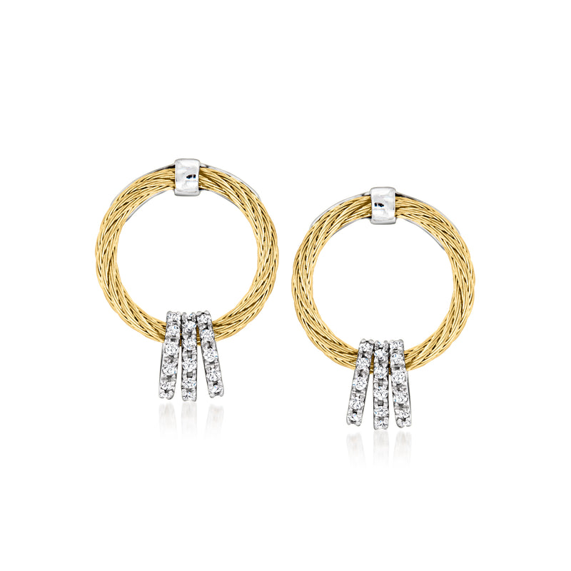 Gold-tone cable hoop earrings with diamond cluster and white-gold post backs