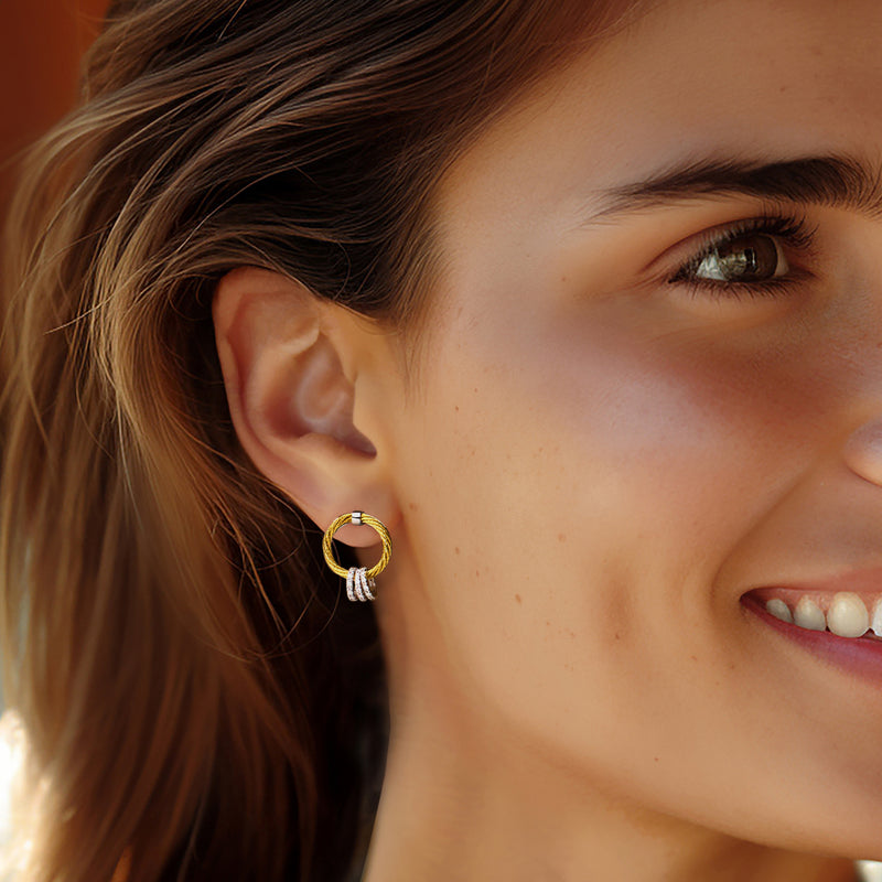 Gold-tone cable hoop diamond post earrings, side view