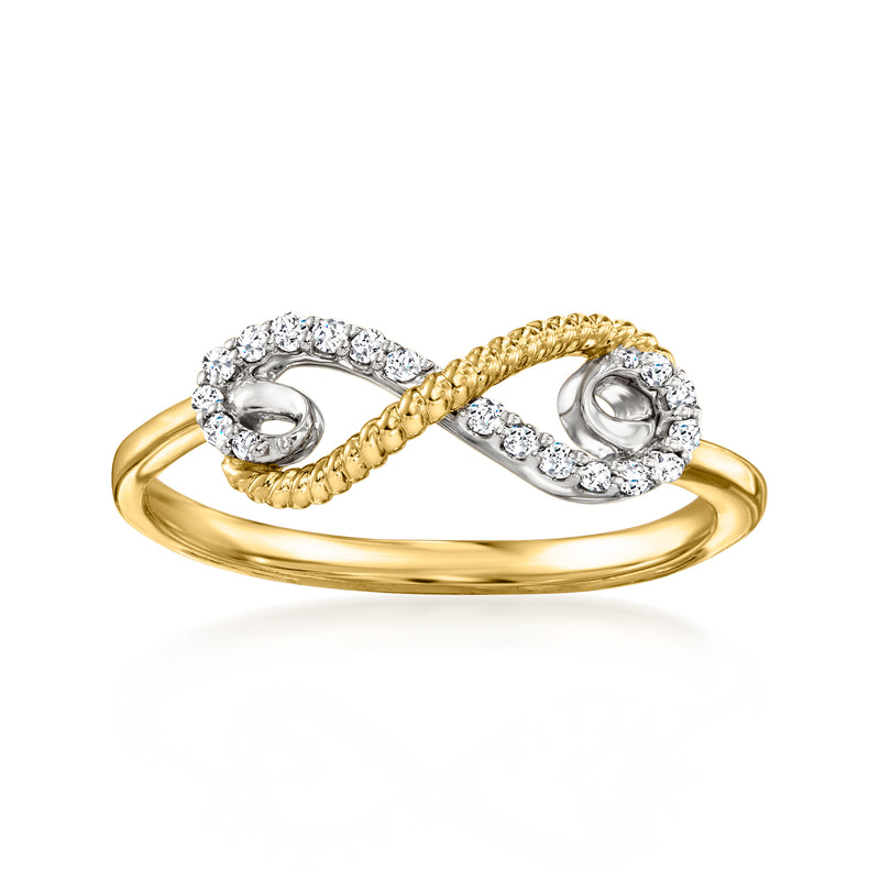 Two-tone gold diamond infinity ring with braided center and pavé diamond loops