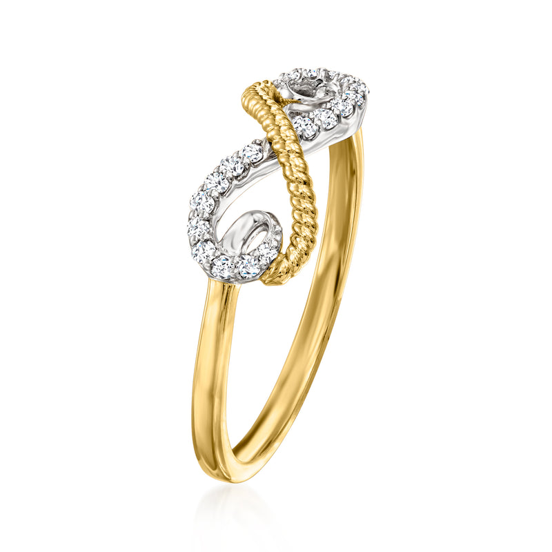 Side view of two-tone infinity diamond ring in yellow and white gold