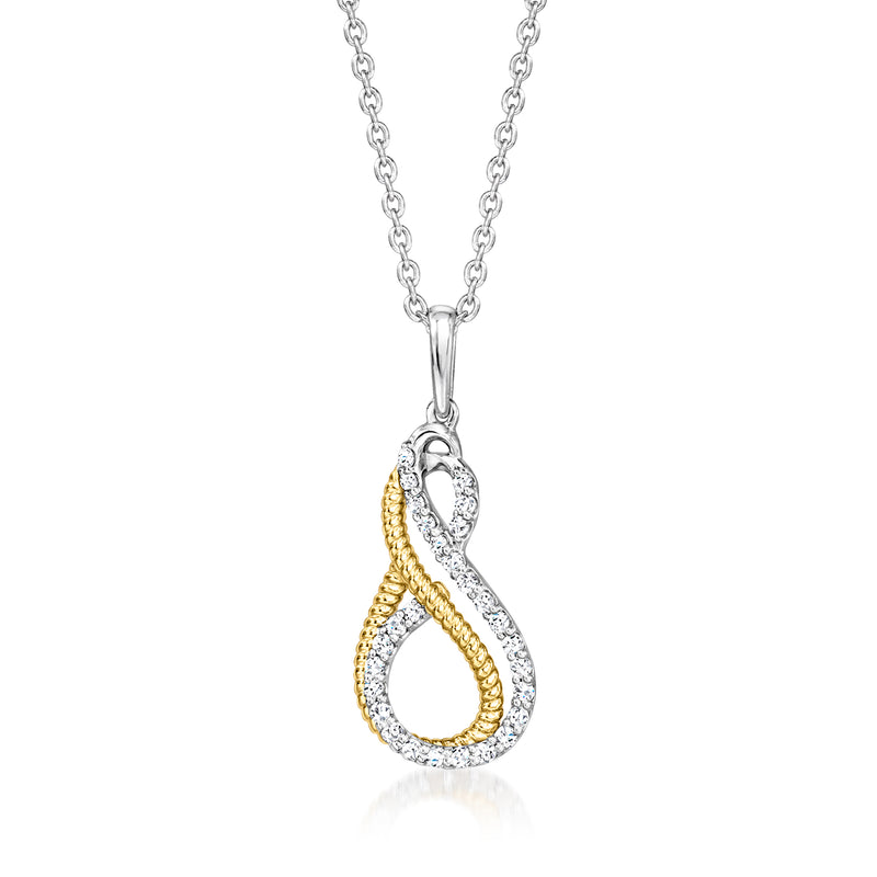 Two-tone infinity pendant necklace with diamond-look accents in sterling silver and gold