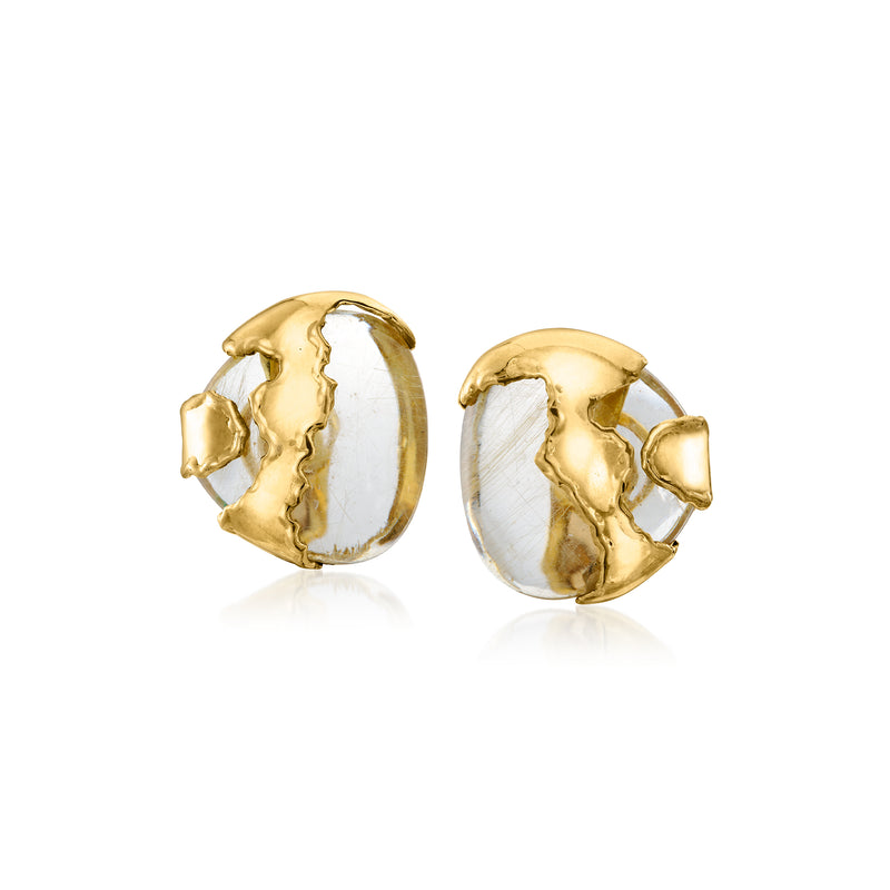Half-moon gold stud earrings with clear quartz cabochons