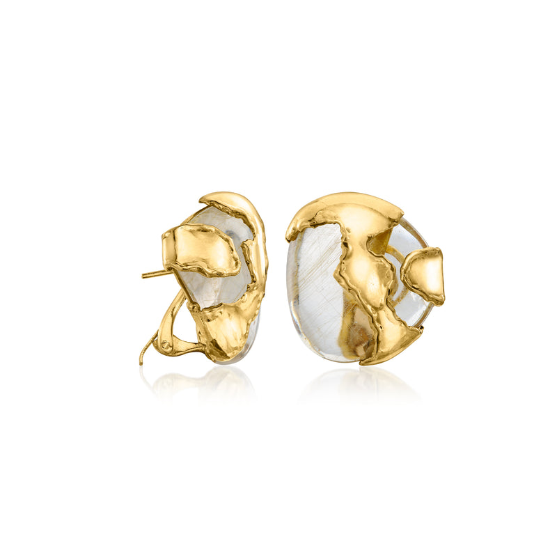 Half-moon gold clip earrings with clear quartz cabochons and latch