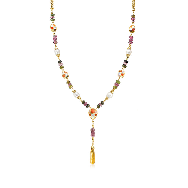 14kt yellow gold Y-necklace with multicolor gemstones and teardrop pendant