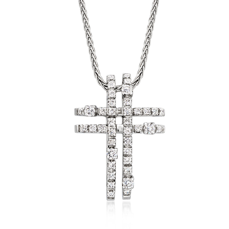 Diamond cross pendant necklace in 18kt white gold, prong-set stones and link chain.