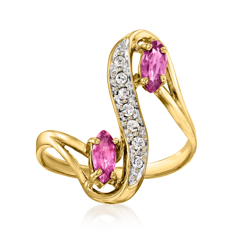 10kt yellow gold wave ring with oval pink ruby and diamond accents