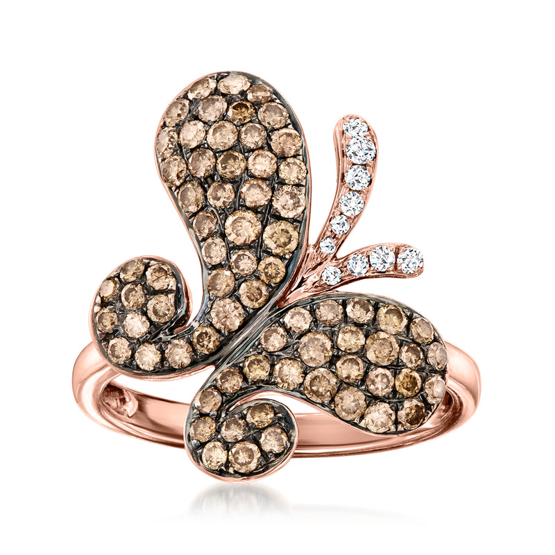 Effy butterfly ring in 14kt rose gold with brown and white diamonds