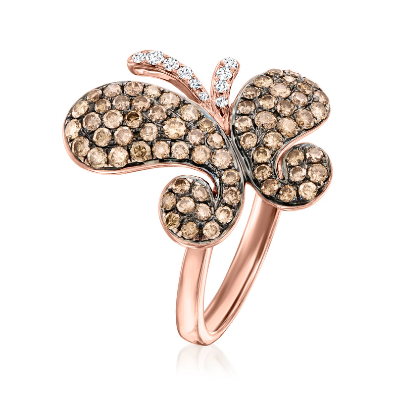 Vintage Effy butterfly ring in rose gold with brown and white diamonds