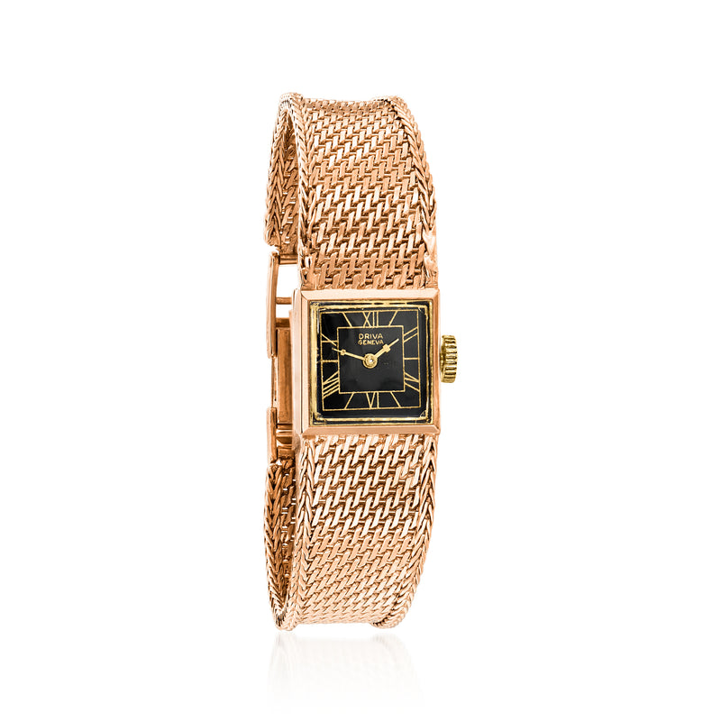 Vintage Driva 18kt rose gold mesh watch with rectangular black dial and roman numerals