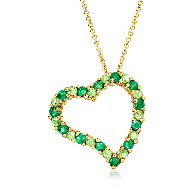 14kt yellow gold heart pendant necklace with green emerald and beryl gemstone bezel