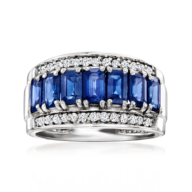 Vintage sapphire and diamond ring in white gold with blue baguette stones