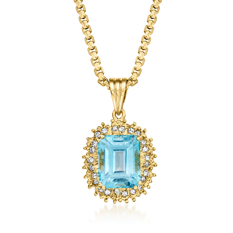 18kt yellow gold pendant necklace with sky blue square topaz and diamond halo